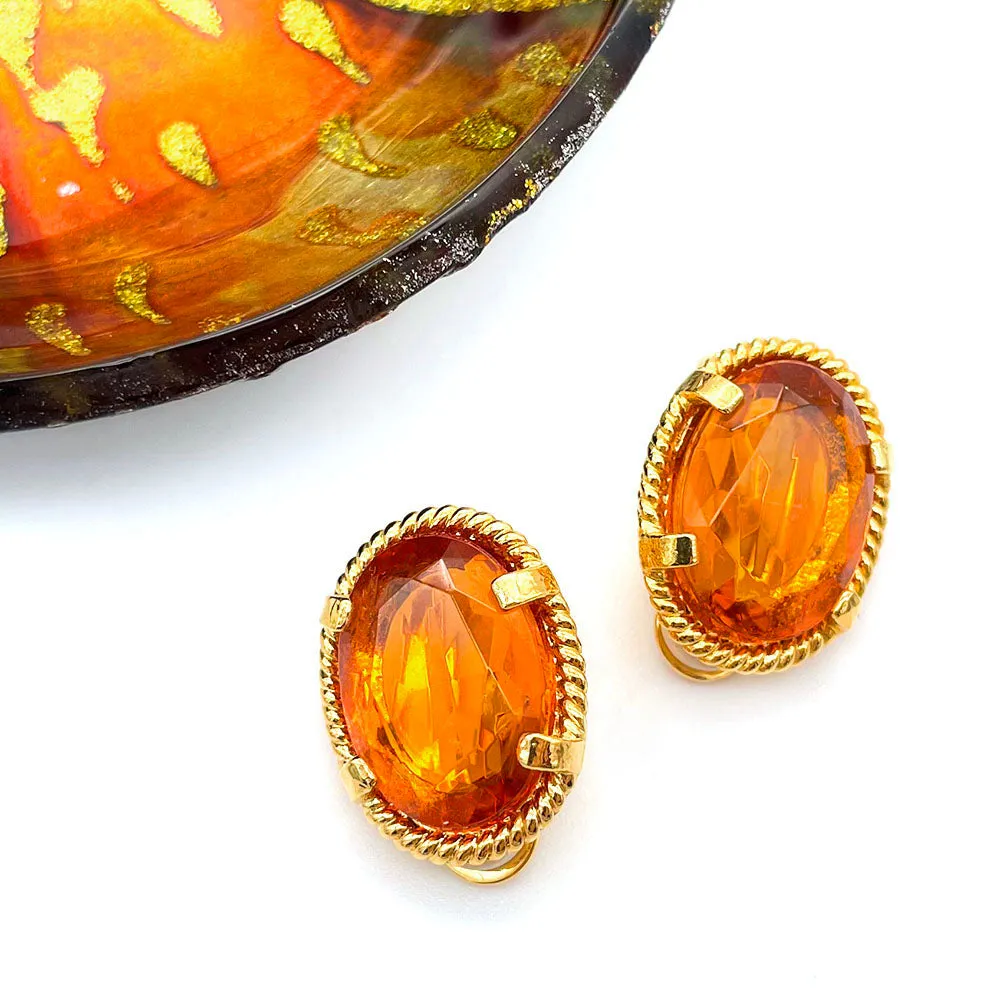 【フランス輸入】ヴィンテージ SPHINX アンバーオレンジ ビジュー イヤリング/Vintage SPHINX Amber Orange Bijou Clip On Earrings