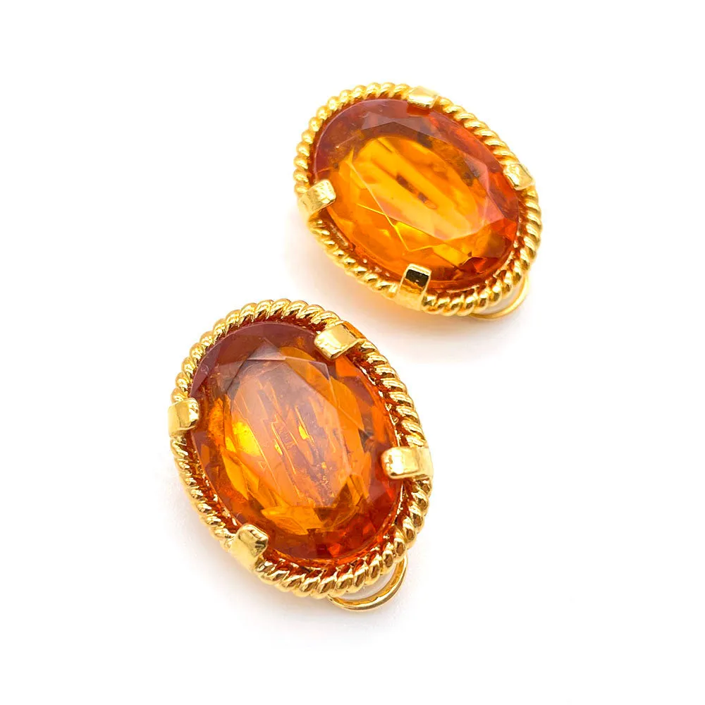 【フランス輸入】ヴィンテージ SPHINX アンバーオレンジ ビジュー イヤリング/Vintage SPHINX Amber Orange Bijou Clip On Earrings