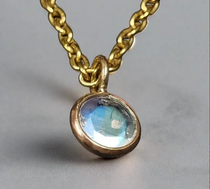14k Gold Round Blue Rainbow Moonstone Charm