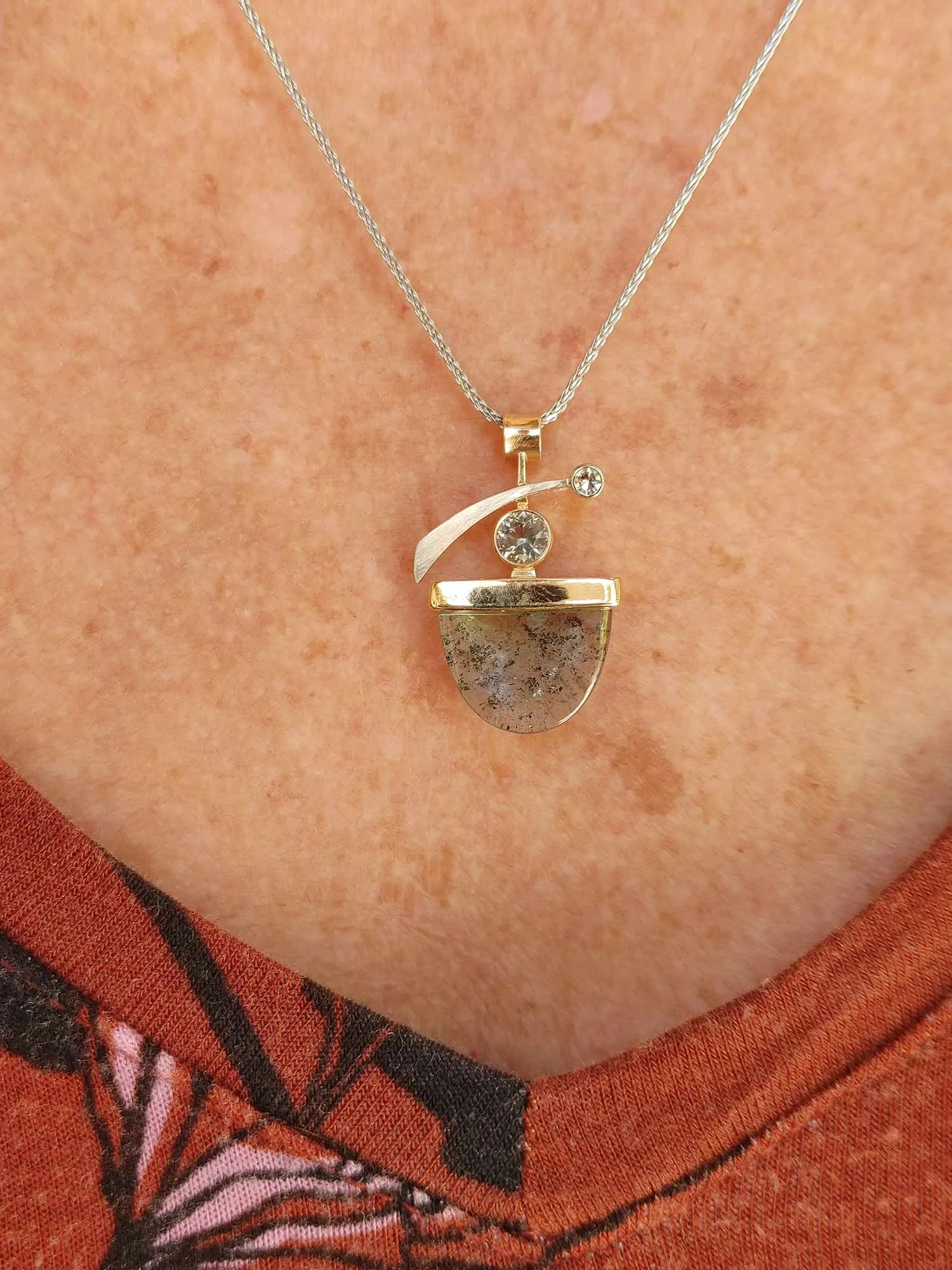 14K Shooting Star Necklace-Aquamarine, Oregon Sunstone, Diamond