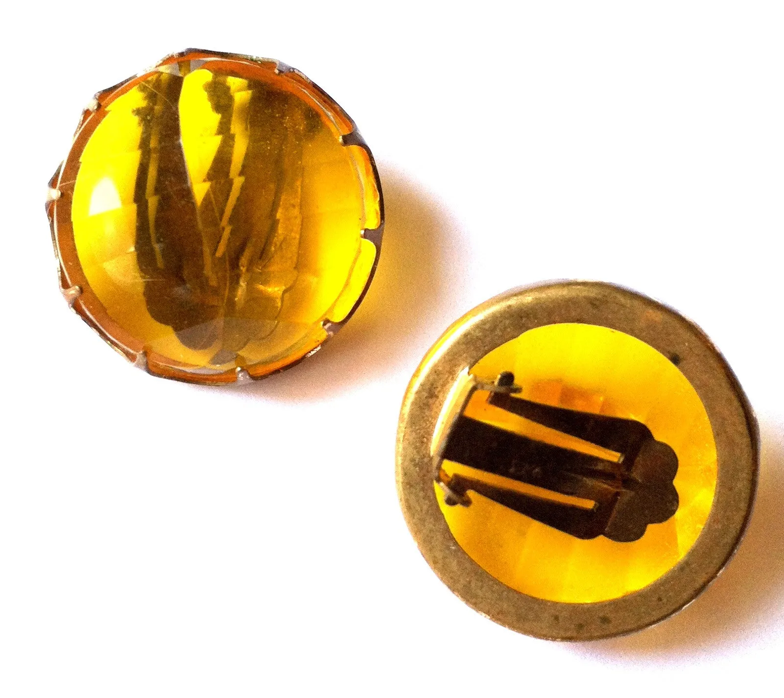 Amber Beveled Lucite Peaked Dome Large Clip Earrings circa 1950s