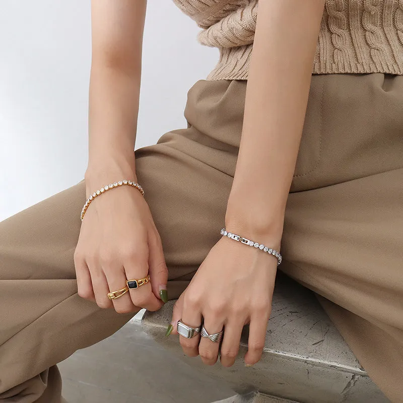 American Cold Style Luxury Fashion Full Diamond Zircon Element Bracelet Titanium Steel Plated 18K Real Gold