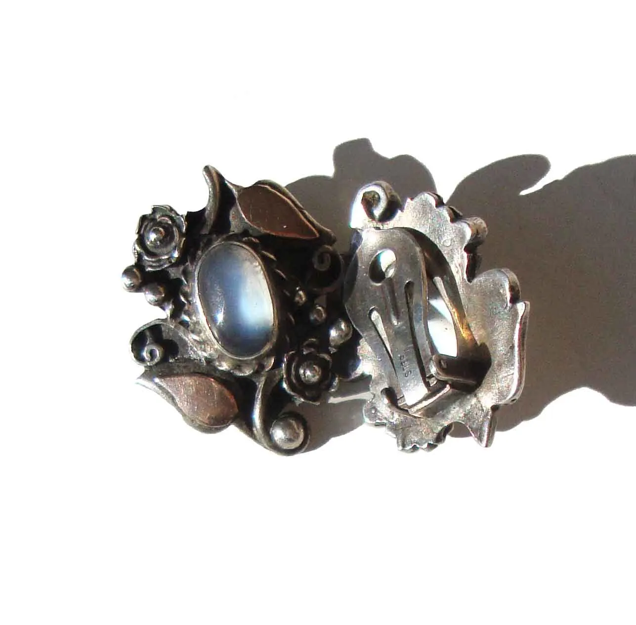 Antique Moonstone Earrings Sterling Silver & Gold Clipbacks