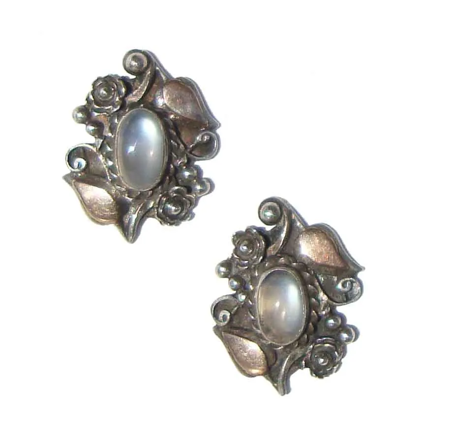 Antique Moonstone Earrings Sterling Silver & Gold Clipbacks