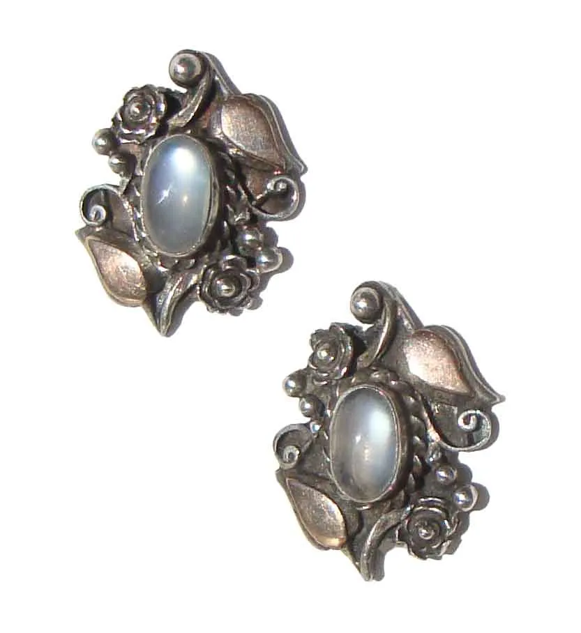 Antique Moonstone Earrings Sterling Silver & Gold Clipbacks