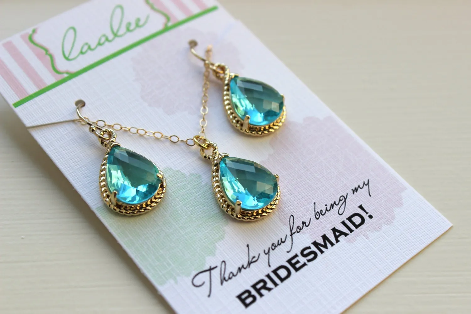Aquamarine Necklace and Earring Set Topaz Blue Gold Jewelry Set - Personalized Card Thank you for being my bridesmaid Aquamarine Jewelry Set