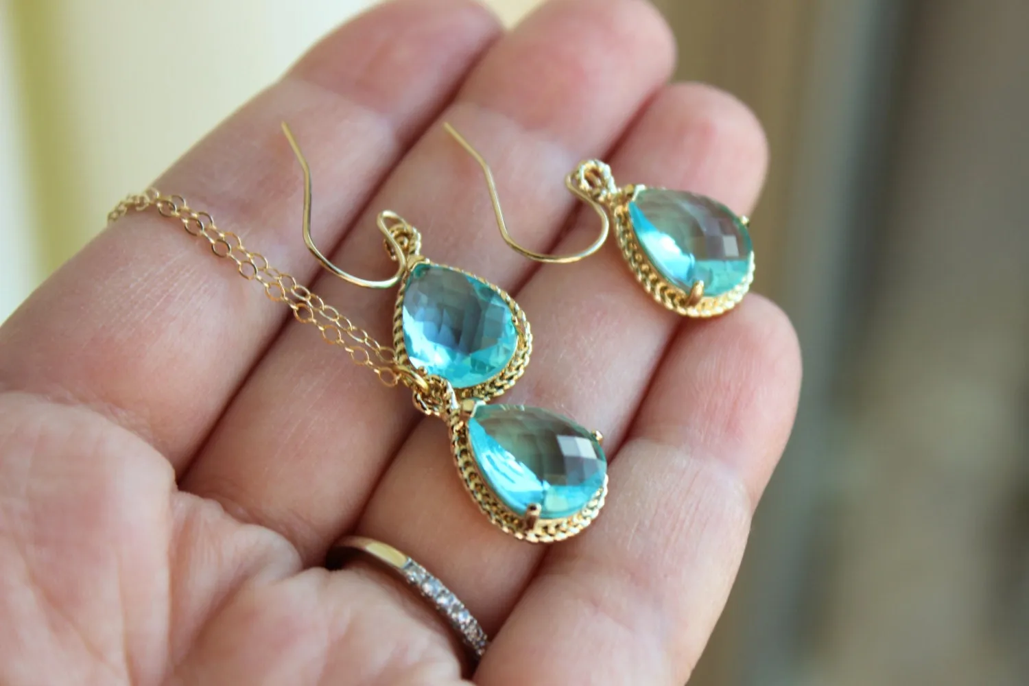 Aquamarine Necklace and Earring Set Topaz Blue Gold Jewelry Set - Personalized Card Thank you for being my bridesmaid Aquamarine Jewelry Set