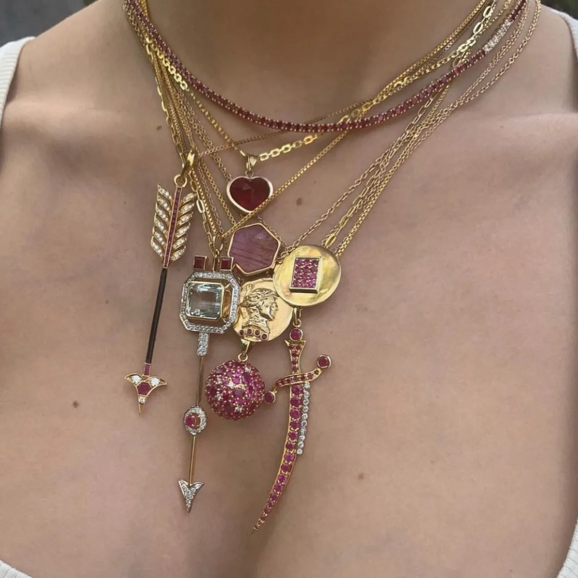 Aquamarine Ruby Arrow Pendant Necklace
