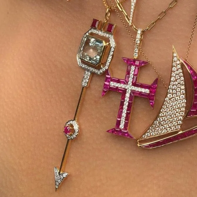 Aquamarine Ruby Arrow Pendant Necklace