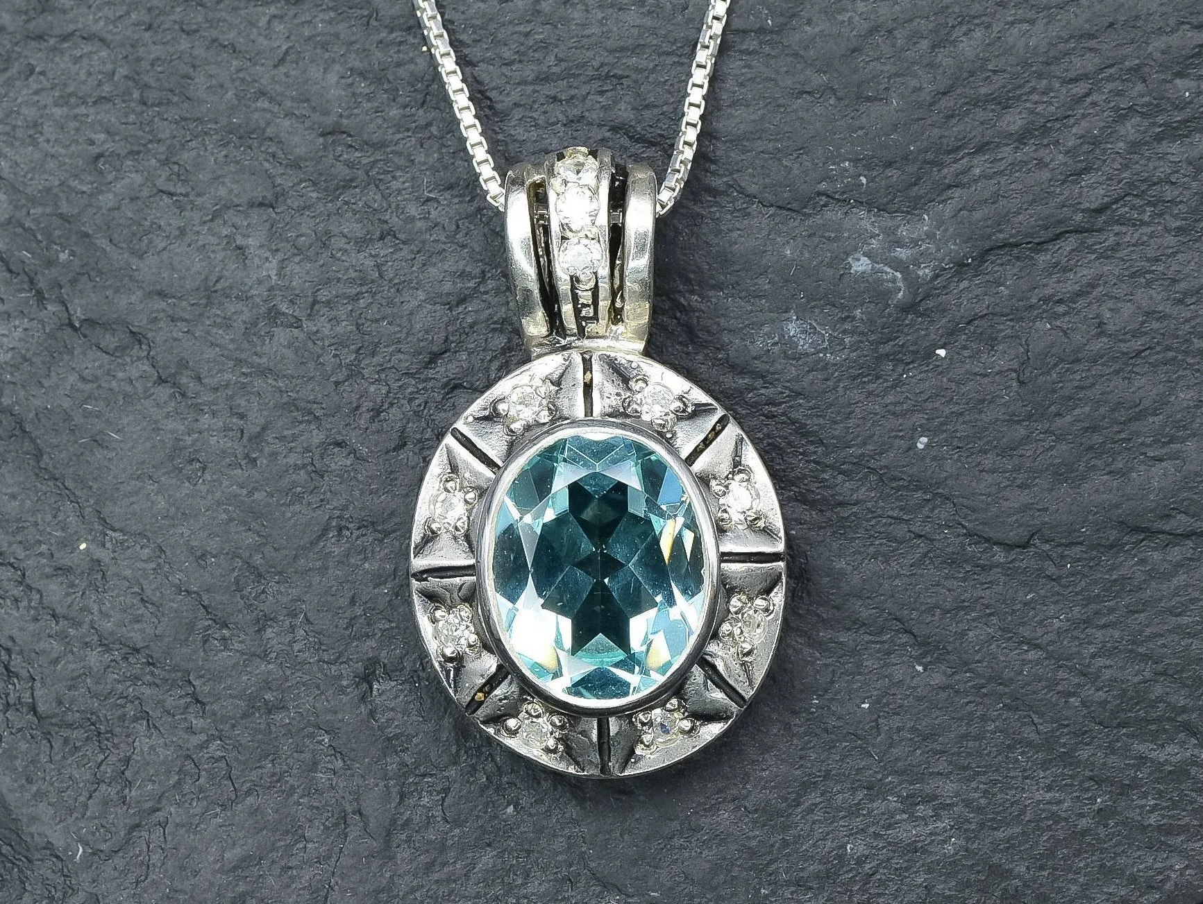 Blue Aquamarine Pendant - Aqua Vintage Necklace - Tribal Boho Pendant