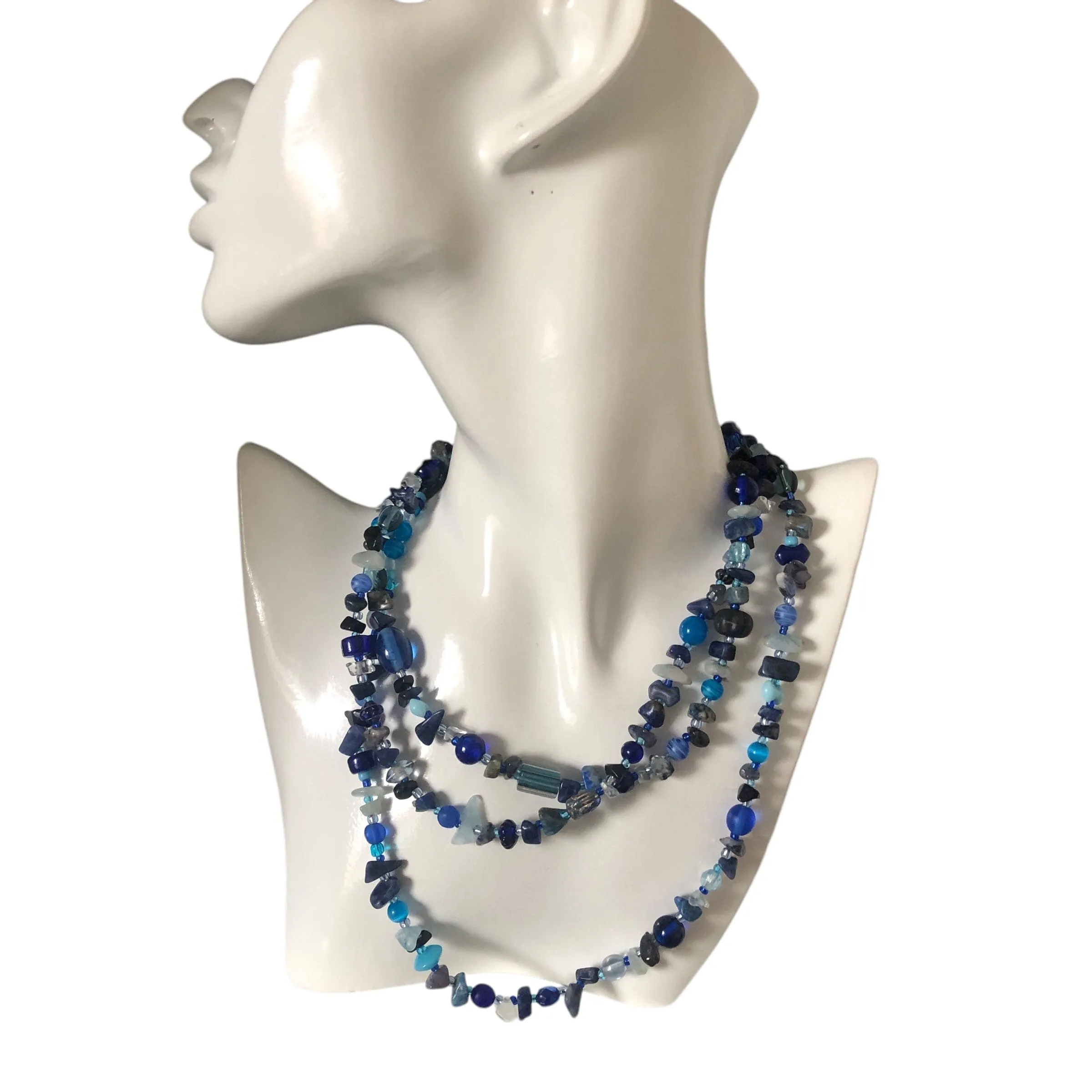 Blue Stones and Glass Beaded Long Necklace
