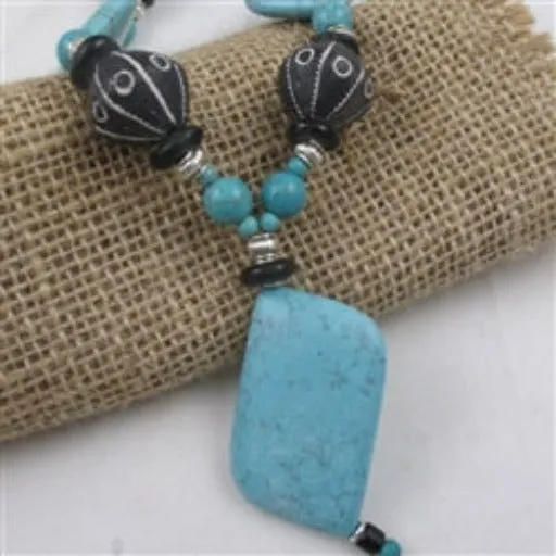 Bold Big Gemstone & African Clay Beaded Necklace with Pendant