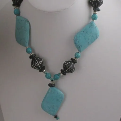 Bold Big Gemstone & African Clay Beaded Necklace with Pendant