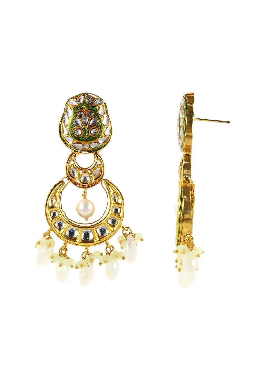 Crystal White Kundan Chand Dangler Earring Green