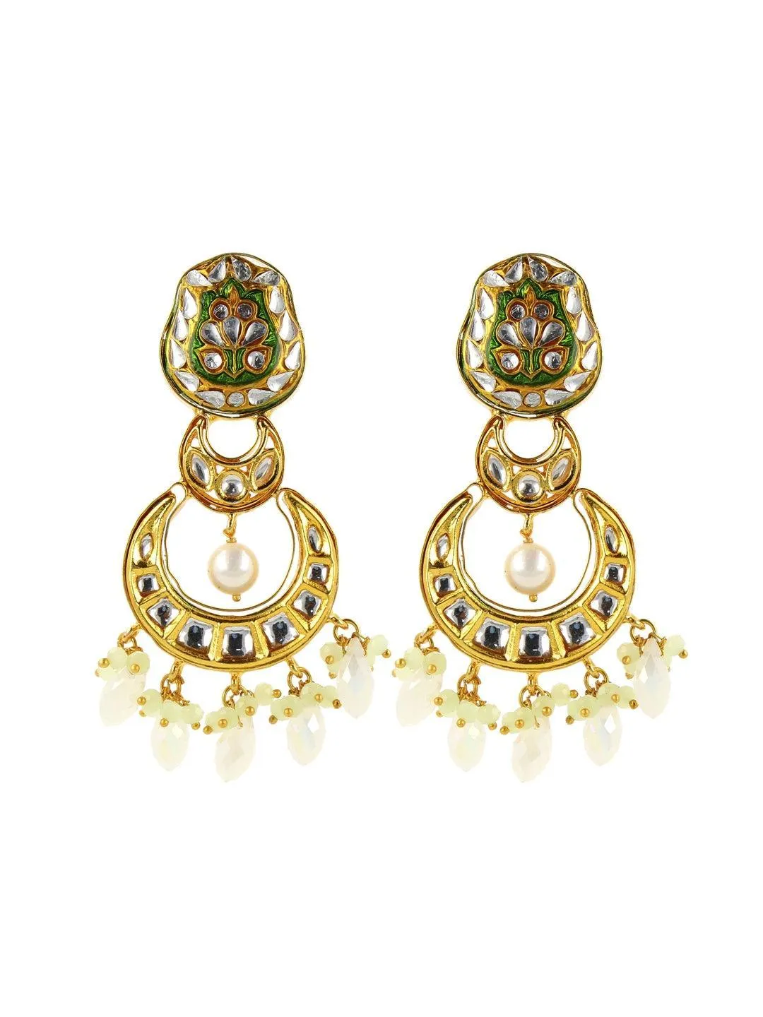 Crystal White Kundan Chand Dangler Earring Green