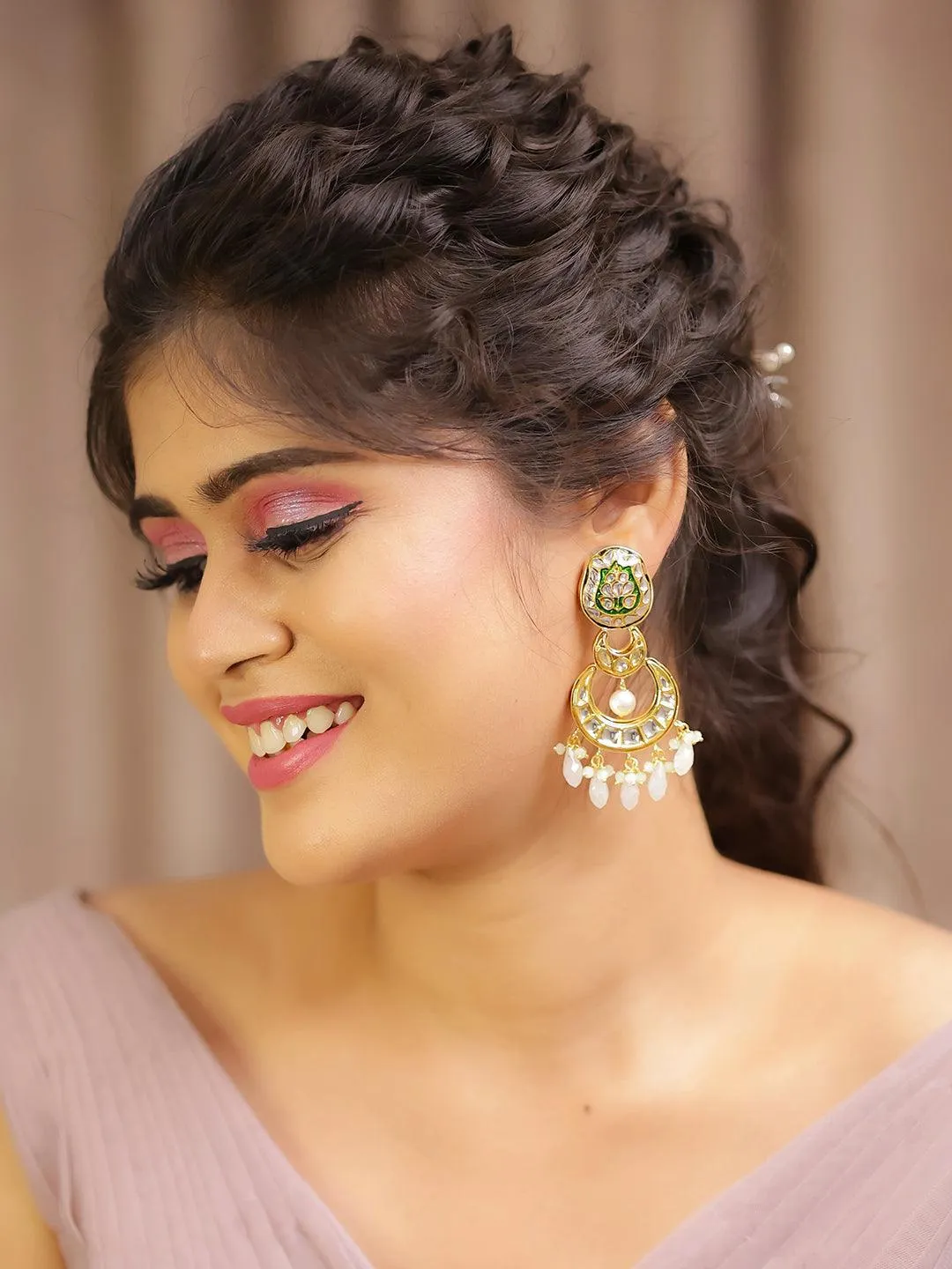 Crystal White Kundan Chand Dangler Earring Green
