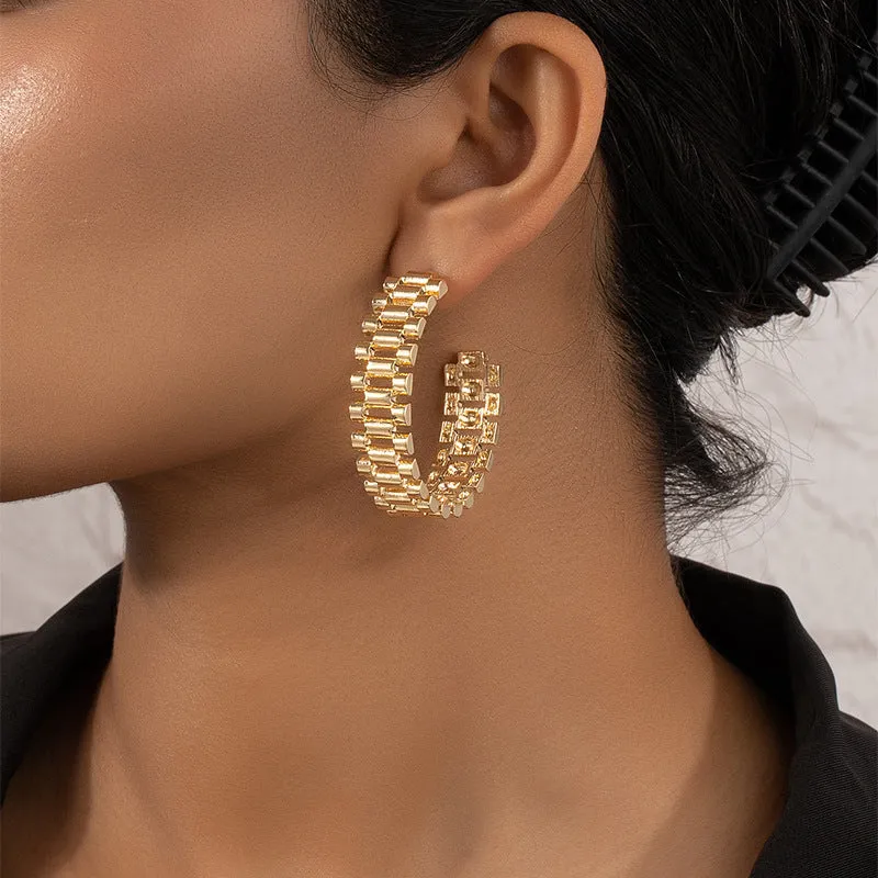Dazzling Vienna Verve Metal C-Shaped Earrings with Watch Chain Accent