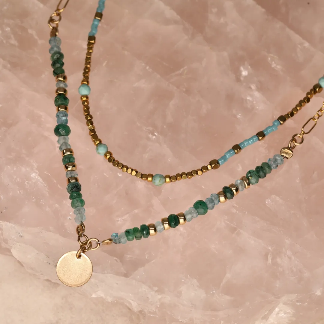 Emerald and Aquamarine Disc Necklace
