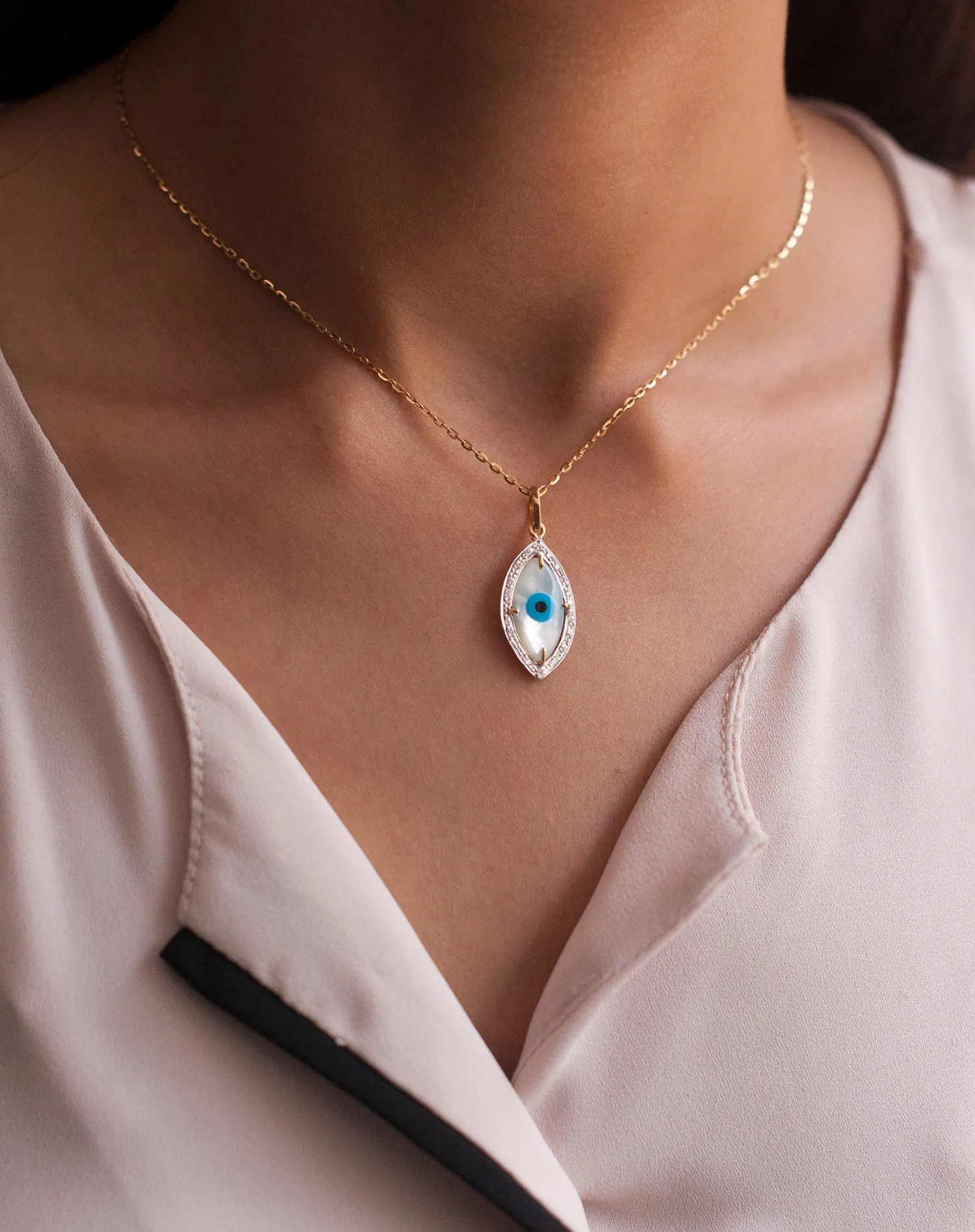 Evil Eye Charm Pendant – Marquise with Diamonds