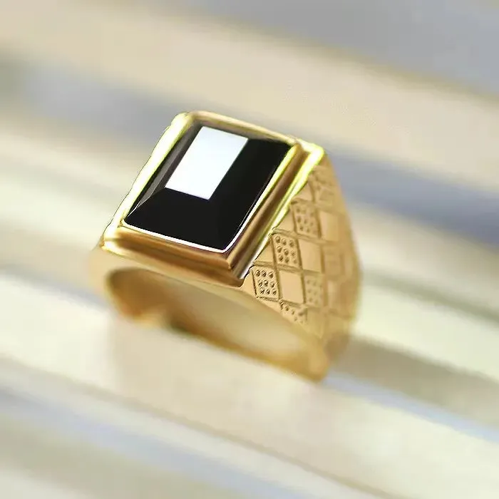 Exquisite Men's Gold-Plated Large Inlaid Black Zircon Ring Men's Trendy Casual Business Jewelry Anniversary Gift