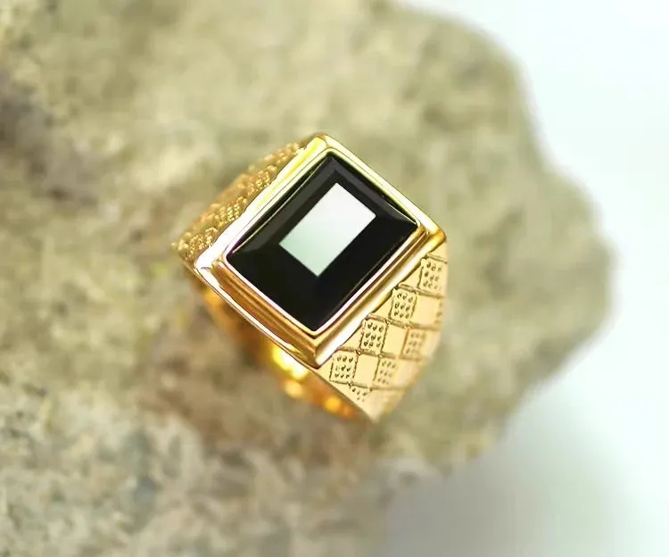 Exquisite Men's Gold-Plated Large Inlaid Black Zircon Ring Men's Trendy Casual Business Jewelry Anniversary Gift