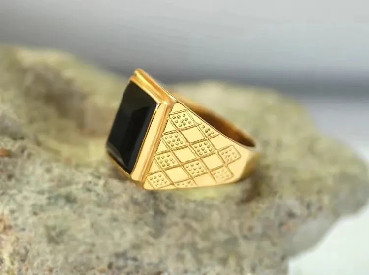 Exquisite Men's Gold-Plated Large Inlaid Black Zircon Ring Men's Trendy Casual Business Jewelry Anniversary Gift