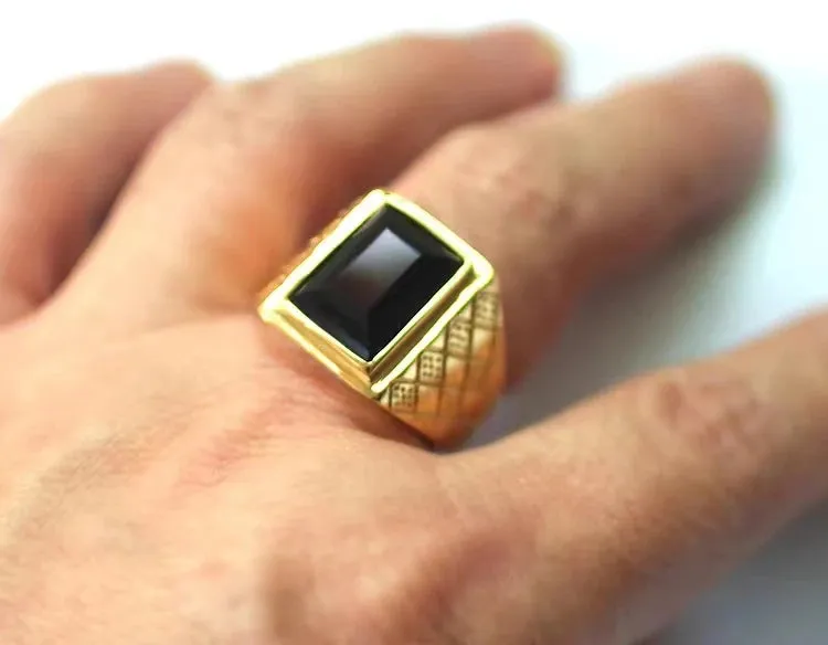 Exquisite Men's Gold-Plated Large Inlaid Black Zircon Ring Men's Trendy Casual Business Jewelry Anniversary Gift
