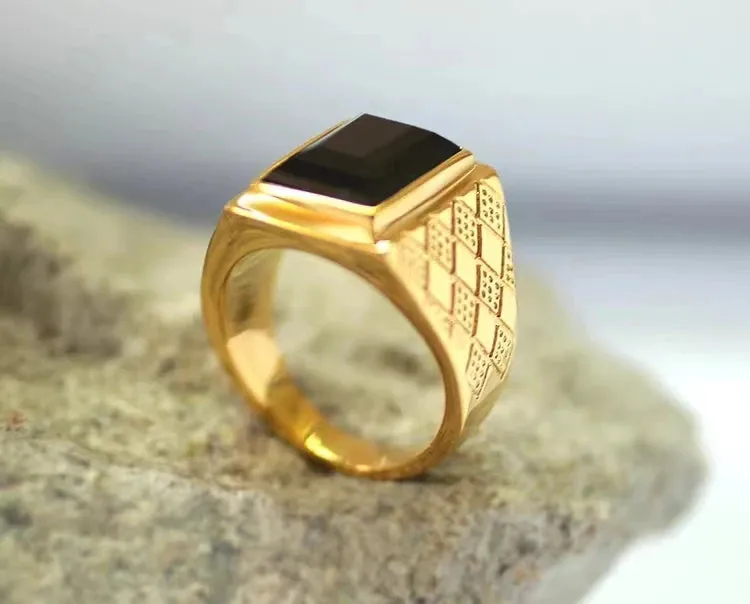 Exquisite Men's Gold-Plated Large Inlaid Black Zircon Ring Men's Trendy Casual Business Jewelry Anniversary Gift