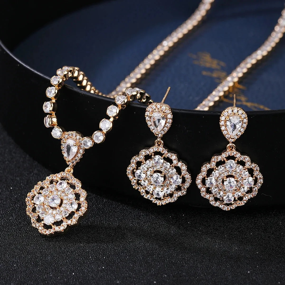 Fashion Simple Transparent CZ Shiny Cubic Zirconia Wedding Party Pendat Necklace Earrings Jewelry Set CN10754
