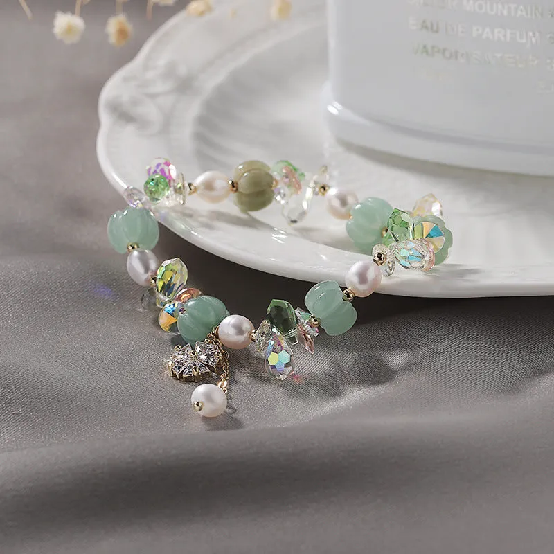 Fortune's Favor: Sterling Silver Crystal Zircon Flower Pearl Jade Beaded Bracelet