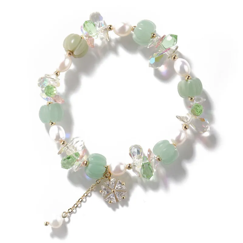 Fortune's Favor: Sterling Silver Crystal Zircon Flower Pearl Jade Beaded Bracelet