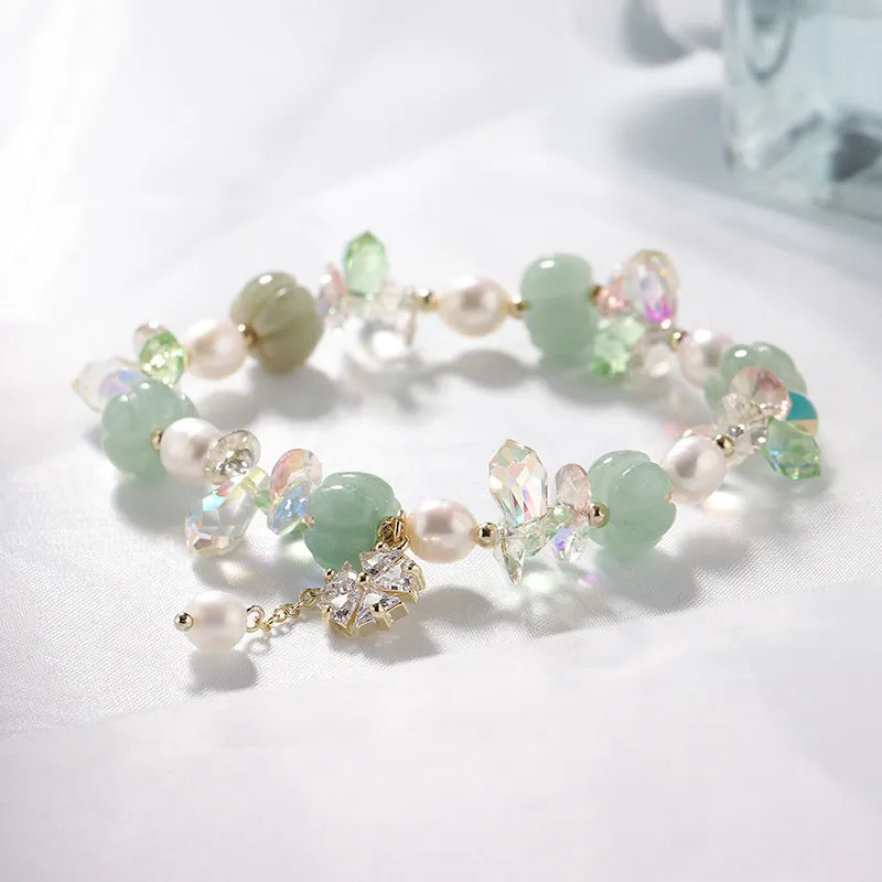 Fortune's Favor: Sterling Silver Crystal Zircon Flower Pearl Jade Beaded Bracelet
