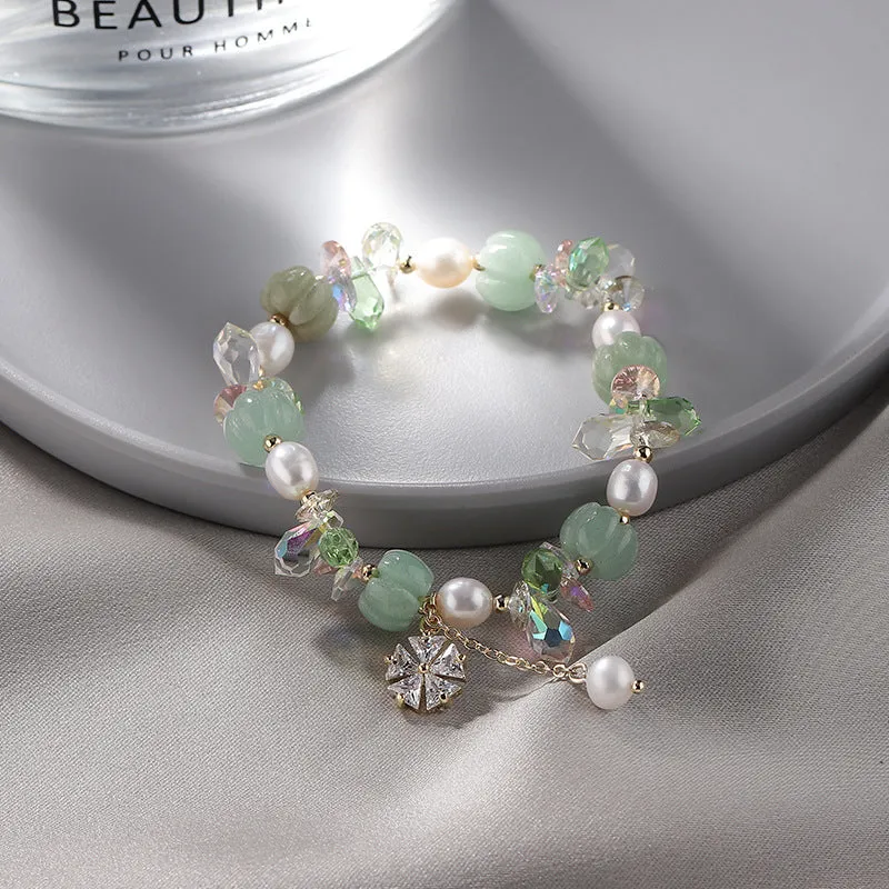 Fortune's Favor: Sterling Silver Crystal Zircon Flower Pearl Jade Beaded Bracelet