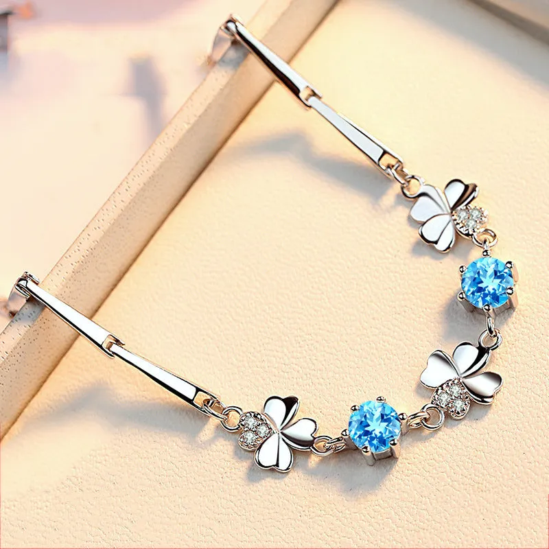 Four-leaf Clover with Blue Zircon Silver Bracelet for Women