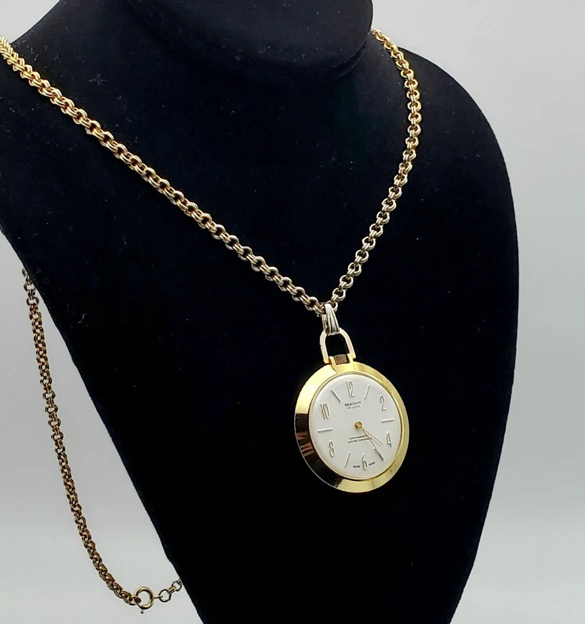 Genovit - De Luxe Antimagnetic Mainspring Gold Tone Watch on Gold Tone Chain Necklace - 29"