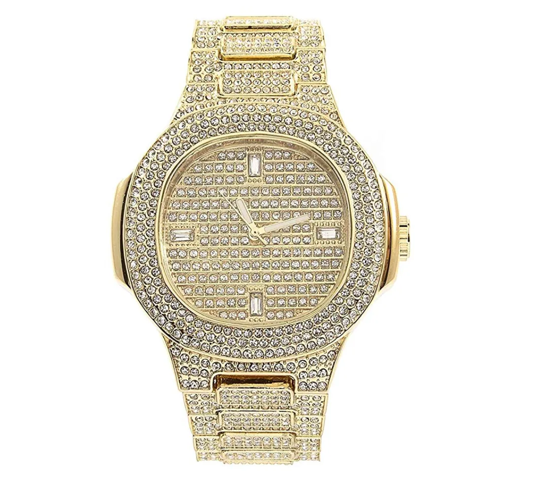 Gold Color Watch Simulated Diamond Watch Bundle Bracelet Cuban Link Necklace Tennis Chain Ring Earrings Gift Set