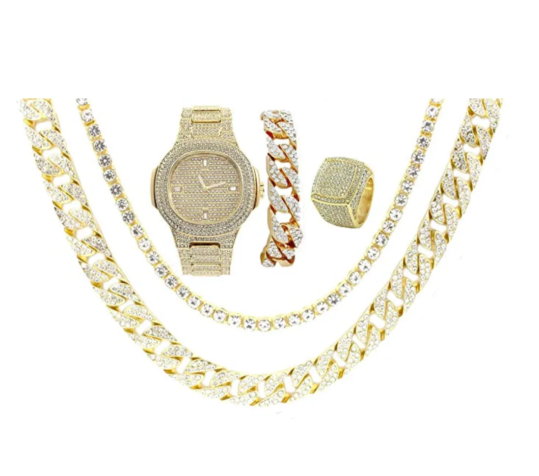 Gold Color Watch Simulated Diamond Watch Bundle Bracelet Cuban Link Necklace Tennis Chain Ring Earrings Gift Set