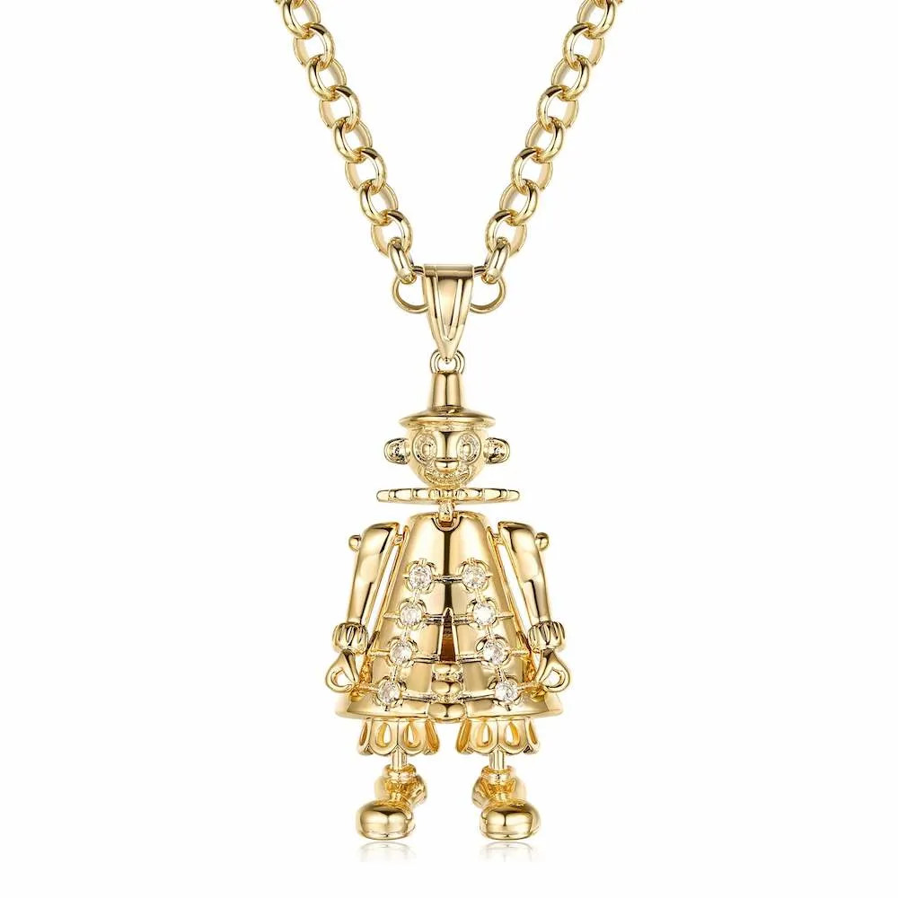 Gold Filled Bonded Clown Pendant Clear Stones 22 Inch 4mm Belcher Chain