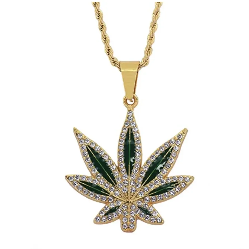 Green Leaf 420 Chain Weed Necklace Diamond Pendant Chain Supreme Necklace Hip Hop Bling 24in.