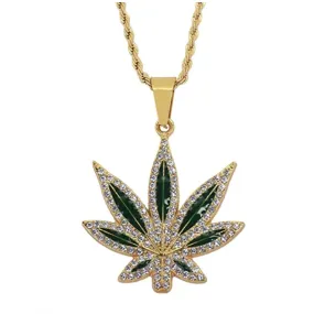 Green Leaf 420 Chain Weed Necklace Diamond Pendant Chain Supreme Necklace Hip Hop Bling 24in.