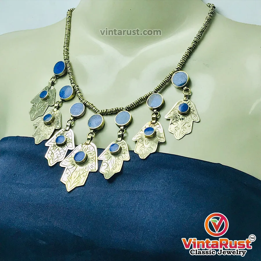 Handmade Lapis Choker Necklace With Dangling Silver Tassels