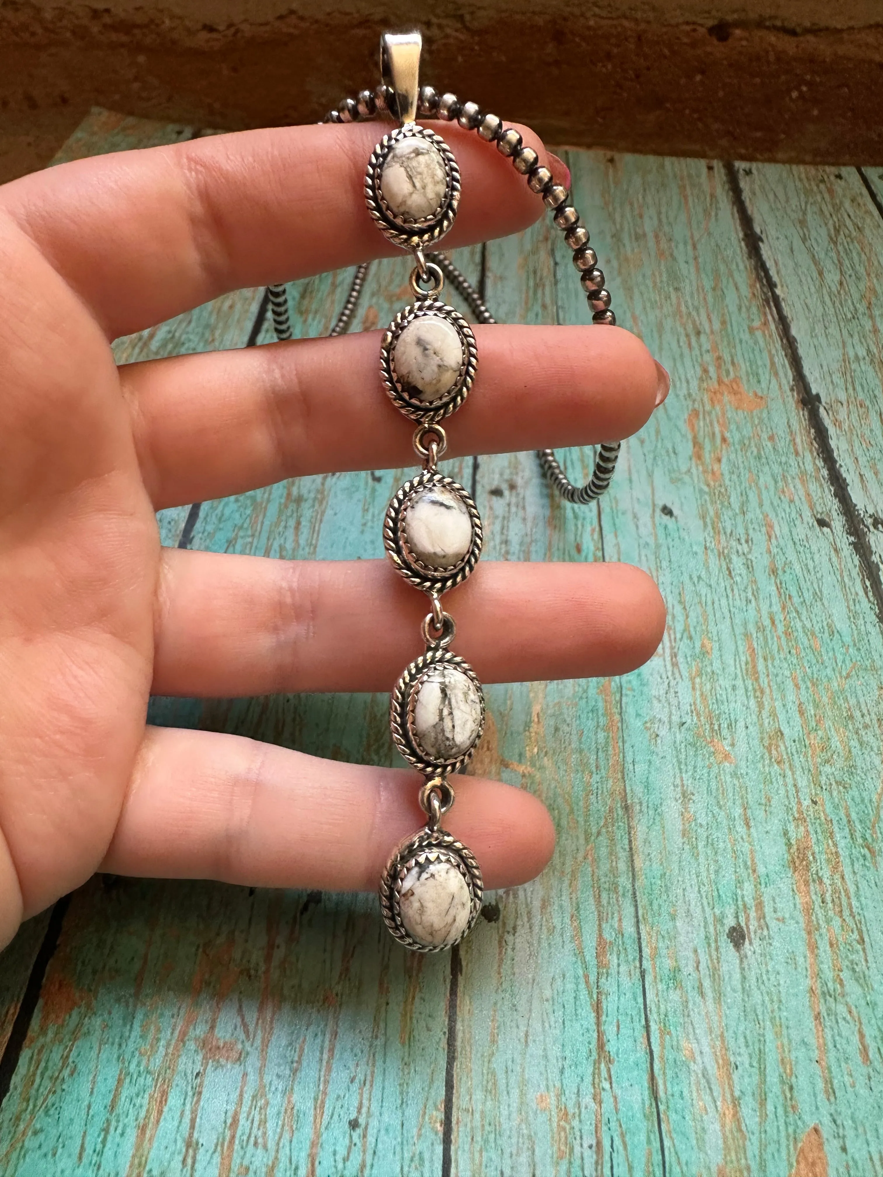 Handmade Sterling Silver & White Buffalo 5 Stone Pendant