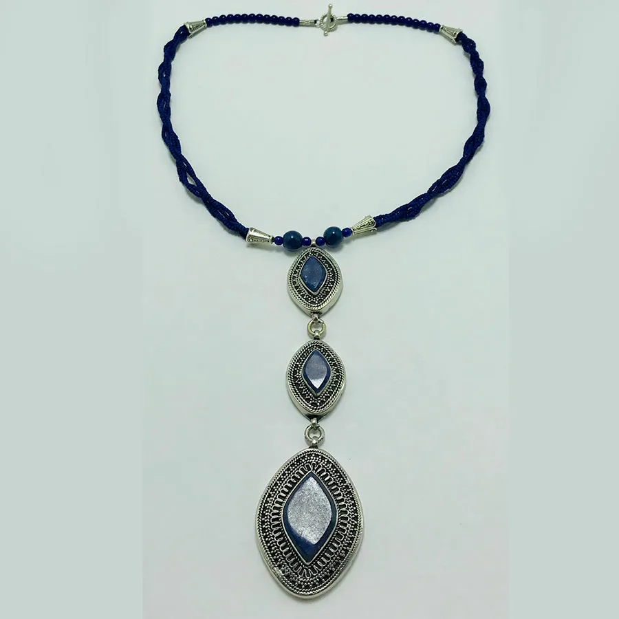 Lapis Statement Necklace with Antique Silver Pendants
