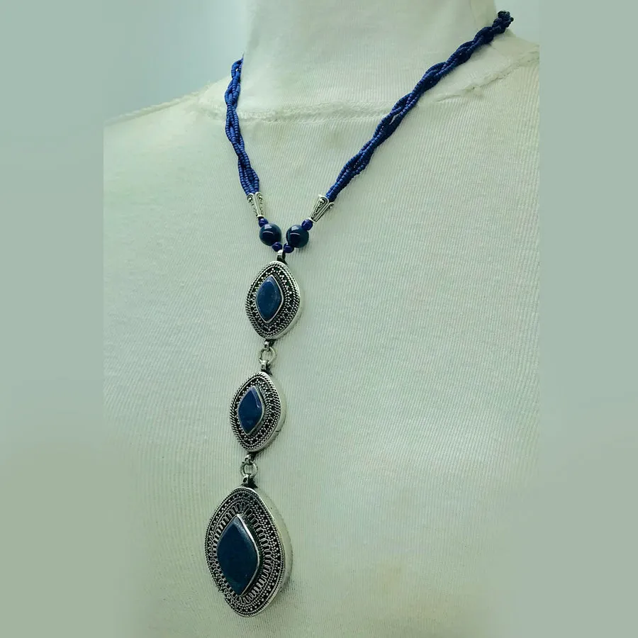 Lapis Statement Necklace with Antique Silver Pendants