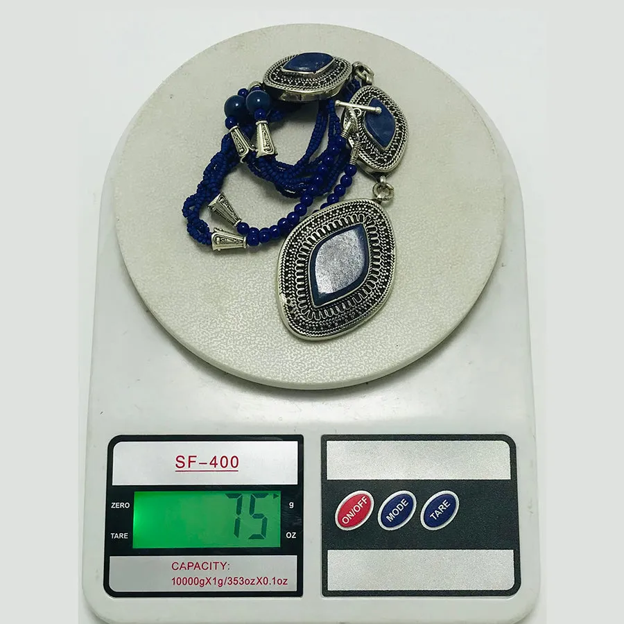 Lapis Statement Necklace with Antique Silver Pendants