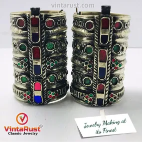 Massive Vintage Cuff Bracelet With Multicolor Glass Stones