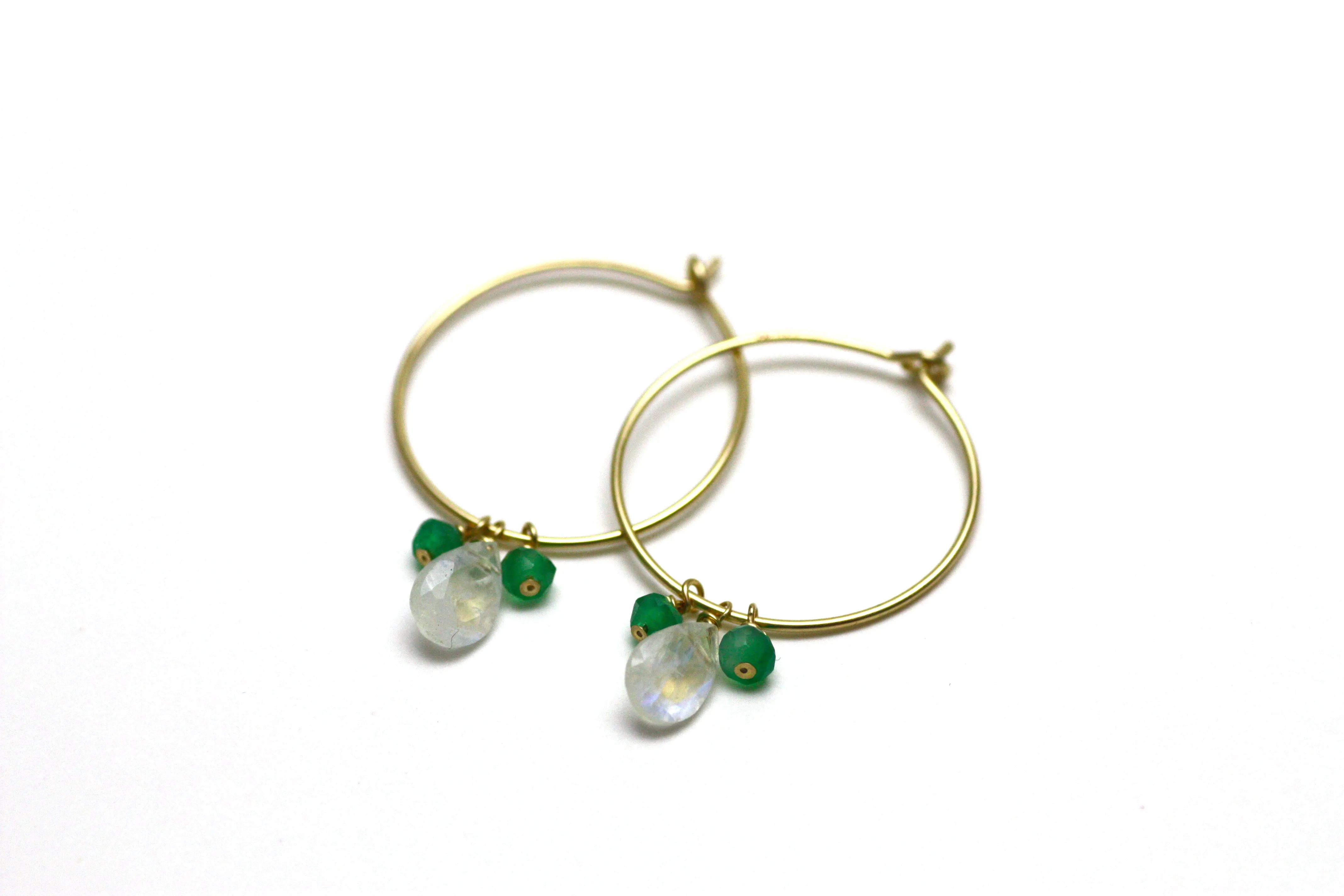 Moonstone and Green Onyx Hoop Earrings in Gold