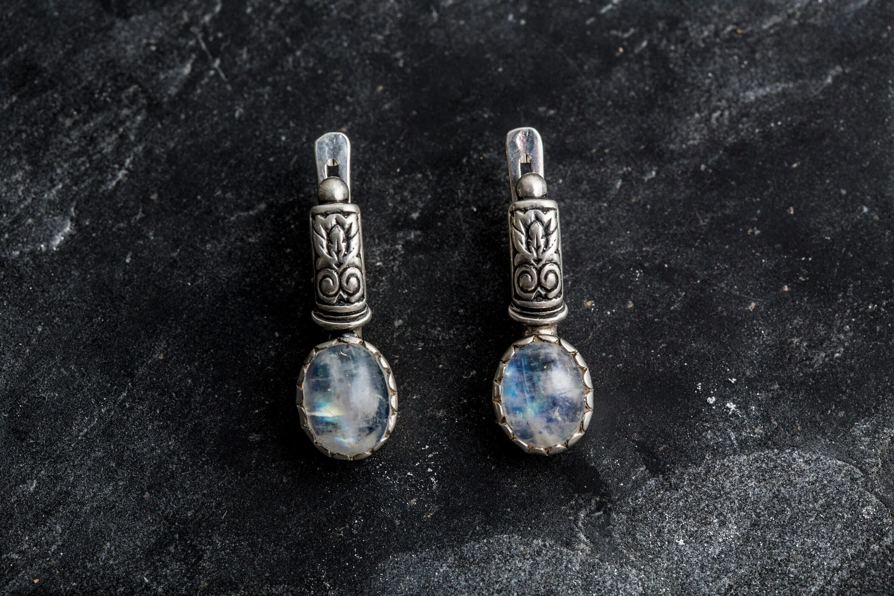 Moonstone Earrings - Tribal Drop Earrings - White Oval Earrings