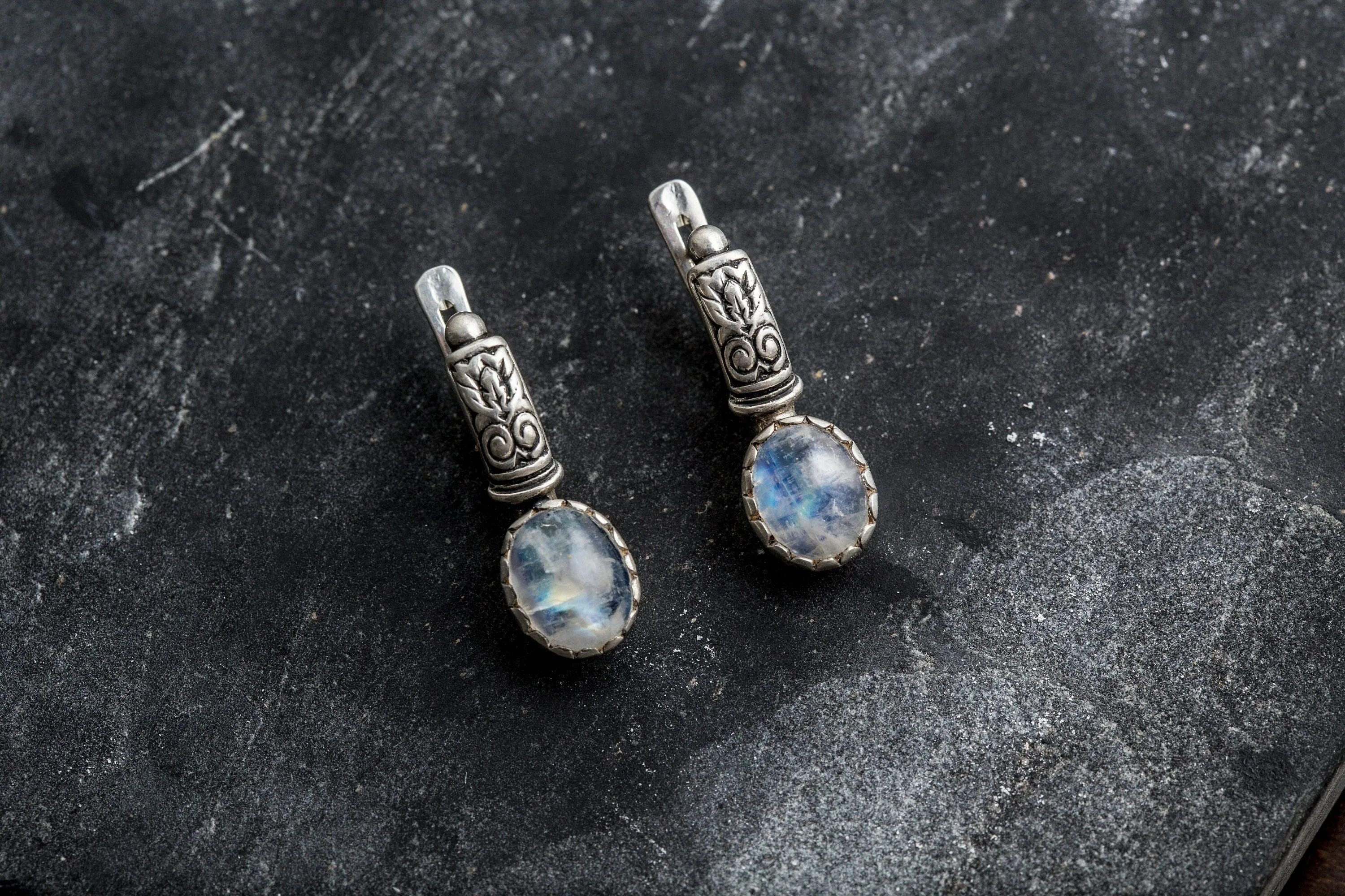 Moonstone Earrings - Tribal Drop Earrings - White Oval Earrings