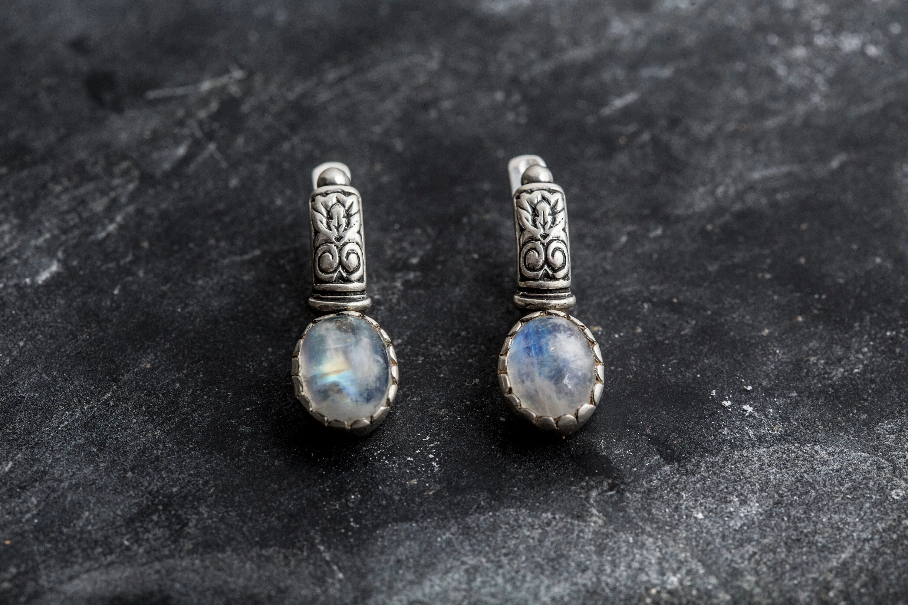 Moonstone Earrings - Tribal Drop Earrings - White Oval Earrings